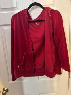 Style & Co. Sport Red Velour Rhinestone Zip Up Hoodie Size M